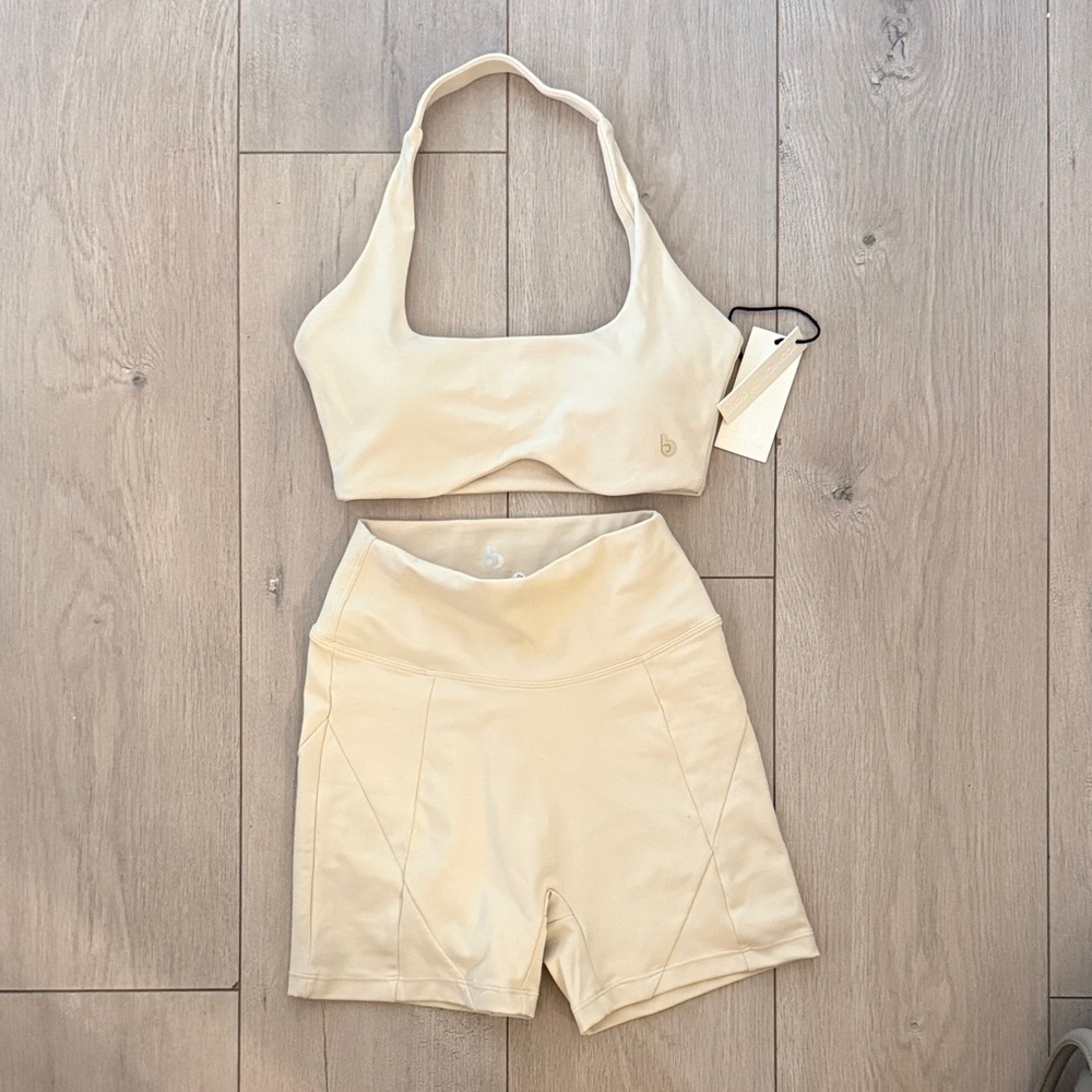 Cream Two-Piece Active Set - Scoop Neck Sports Bra & High-Waist Shorts